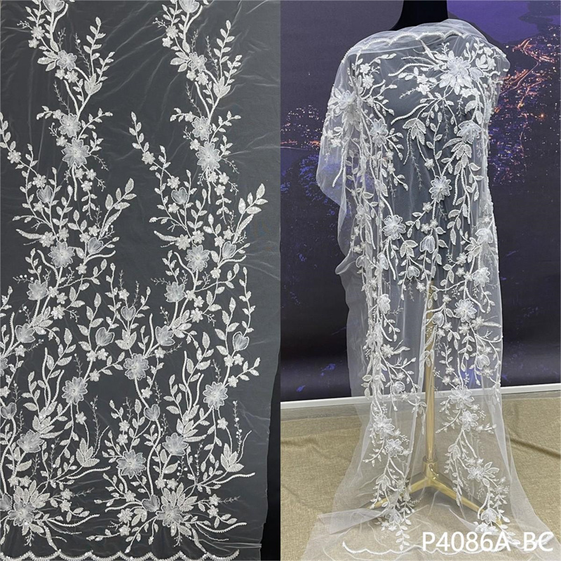 Polyester Lace Luxury Bridal Handmade Beaded 3MM Sequins Embroidery Wedding Dress Fabric