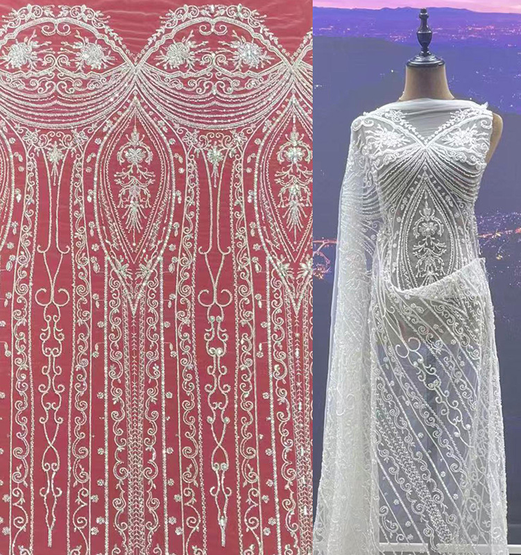 Couture-Level Royal Wedding Dress Fabric with Handmade Beads