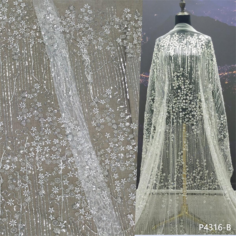 Sequins Beaded Mesh Fabric for Bridal Lace