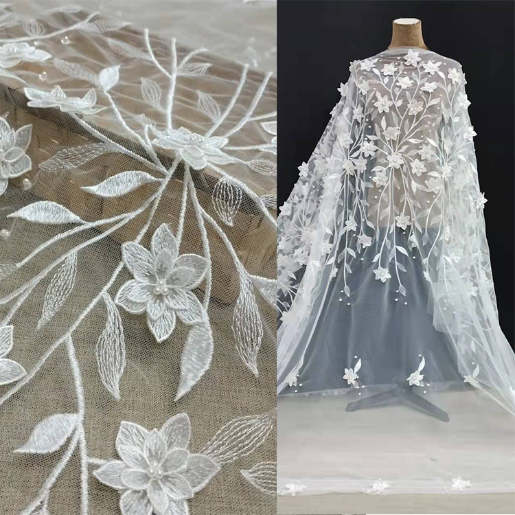 Elegant French fabric, beaded and sequined lace fabric for women's wedding dresses, embroidered tull